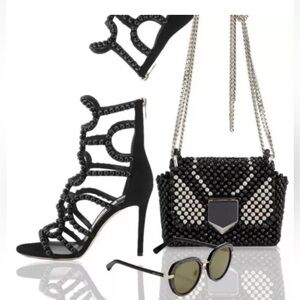 JIMMY CHOO Leja 100 Black Suede With Beads Sandals In Black 37